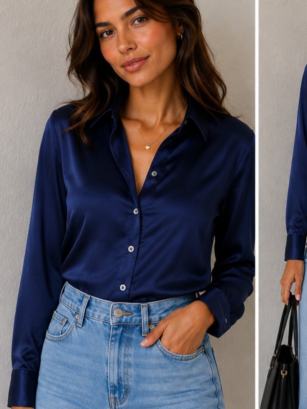 Banana Republic Navy Satin Button-Down Blouse - Women's